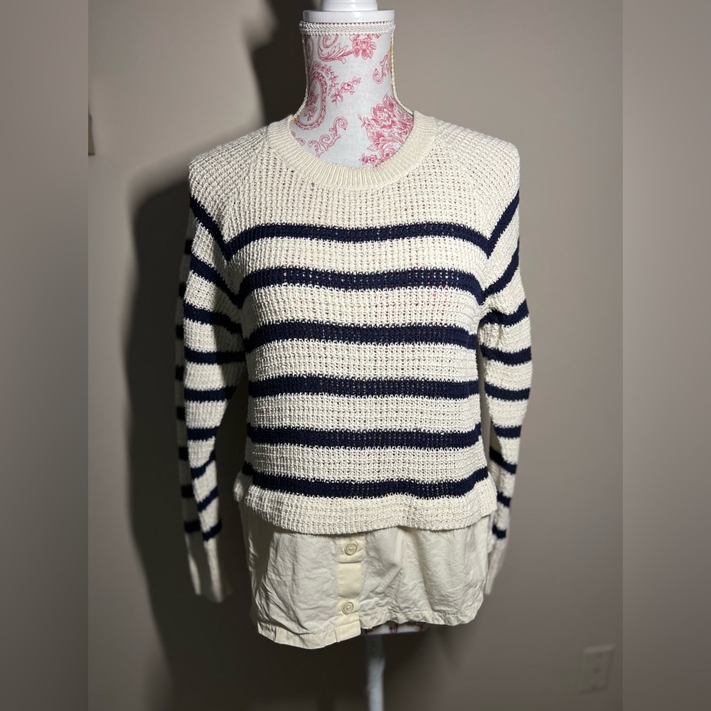 Maeve Twofer Sweater Navy Cream Stripe Cotton Size XSP Extra Small Petite